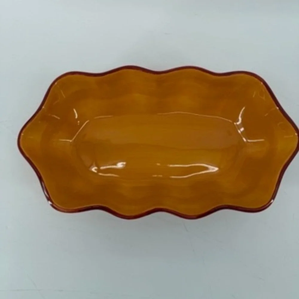Gail Pittman Hand Painted Ceramic Striped Serving Bowl Scalloped Yellow Red 12in
